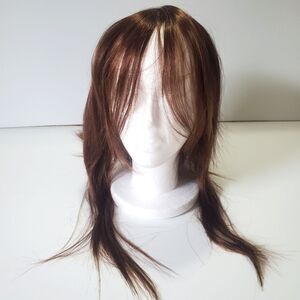 long straight brown wig with curtain bangs red highlights NEW